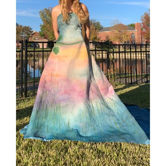 Hand-Painted One of a kind Strapless Beaded Sunset Ombre Gown -Art Couture Sz 6 - Picture 13 of 16